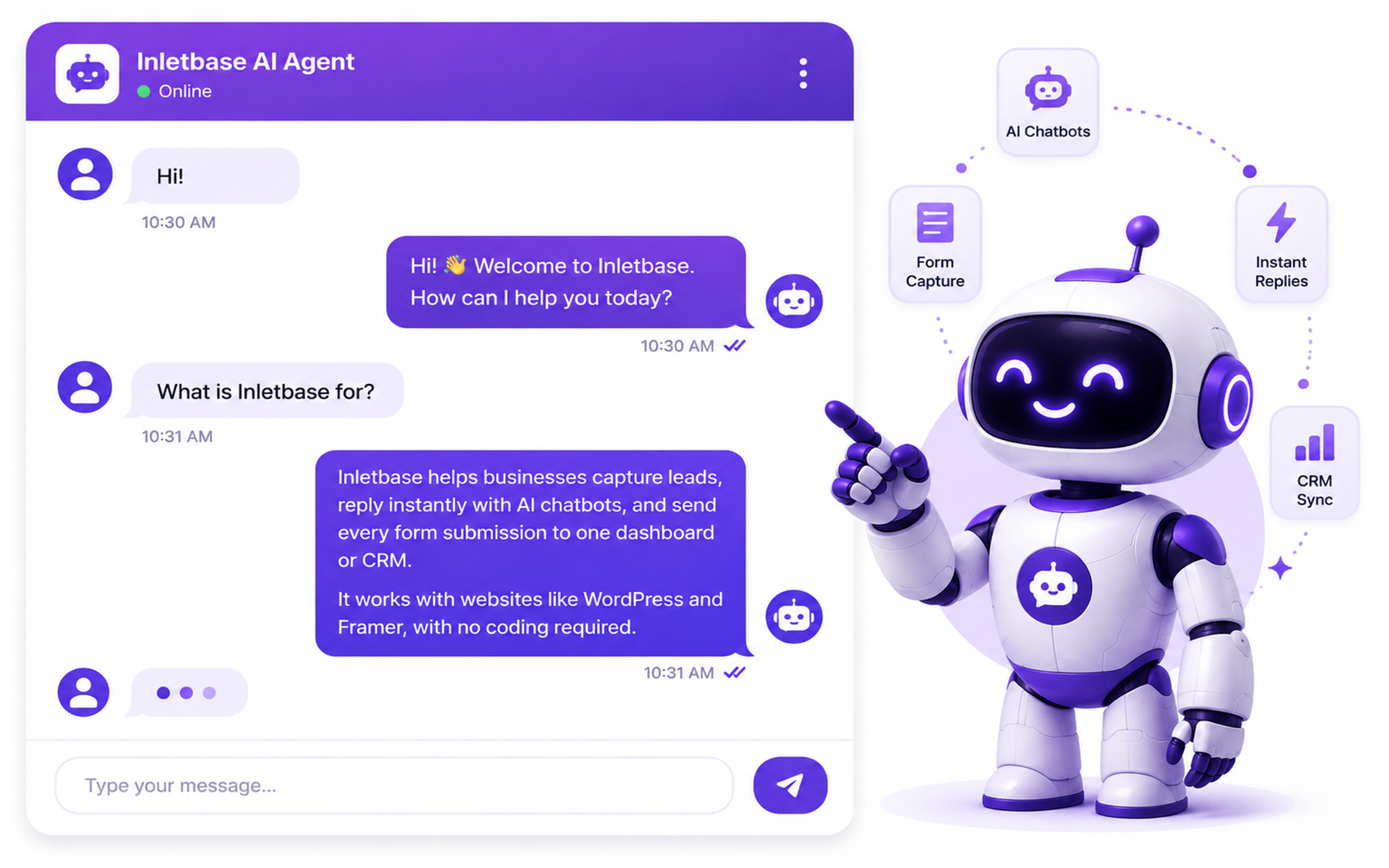 Inletbase AI Agent chatbot helps businesses capture leads, provide instant replies, and sync form submissions with a CRM