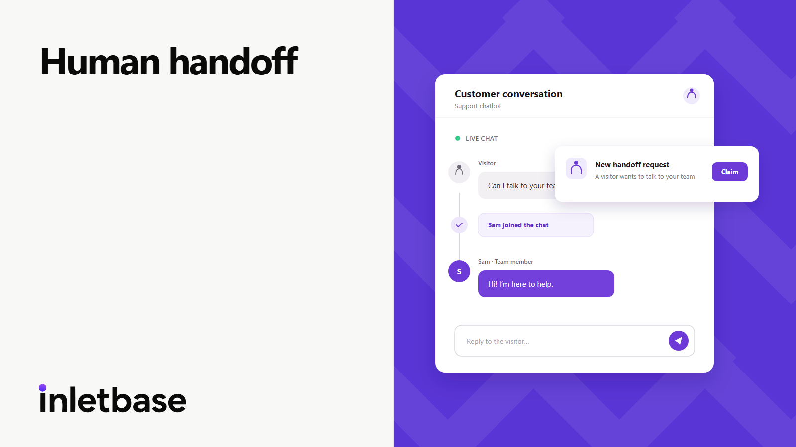 Inletbase human handoff showing a visitor chat connected to a live team conversation